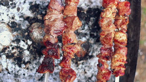 grilled meat. man takes off skewers with cooked meat from grill. bbq meat ready