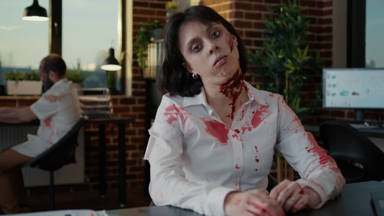 Donna zombie spaventosa con ferite profonde sanguinanti in ufficio che saluta la telecamera
