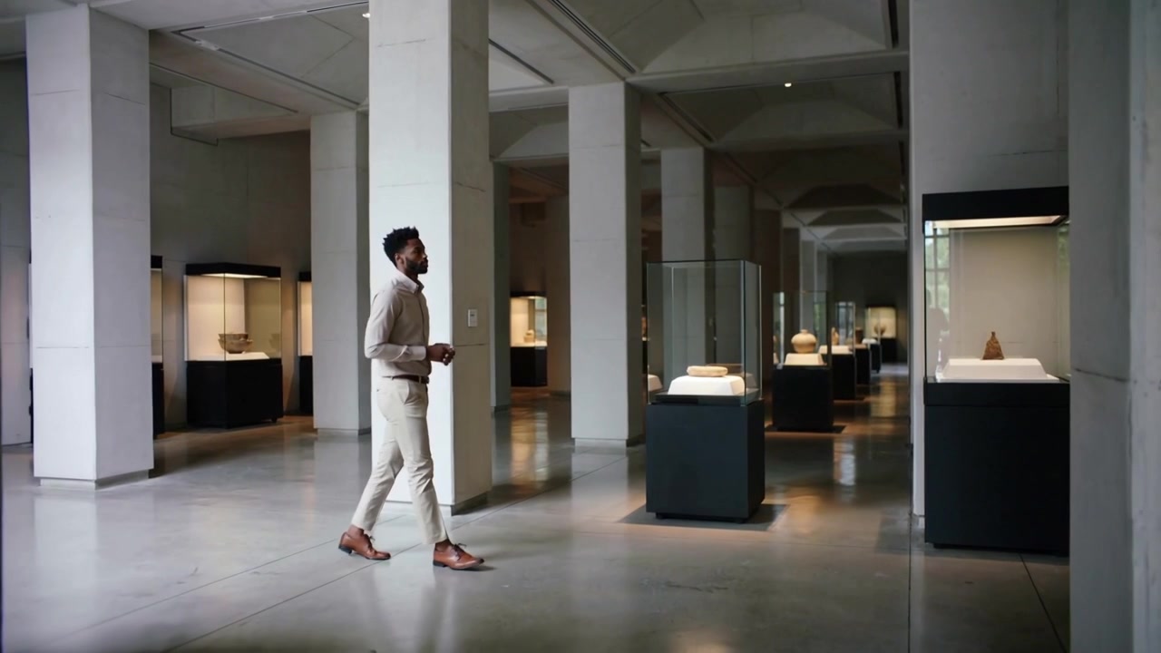 Hombre entrando por la izquierda con camisa clara y pantalones beige caminando por el museo, deteniéndose a observar vitrinas