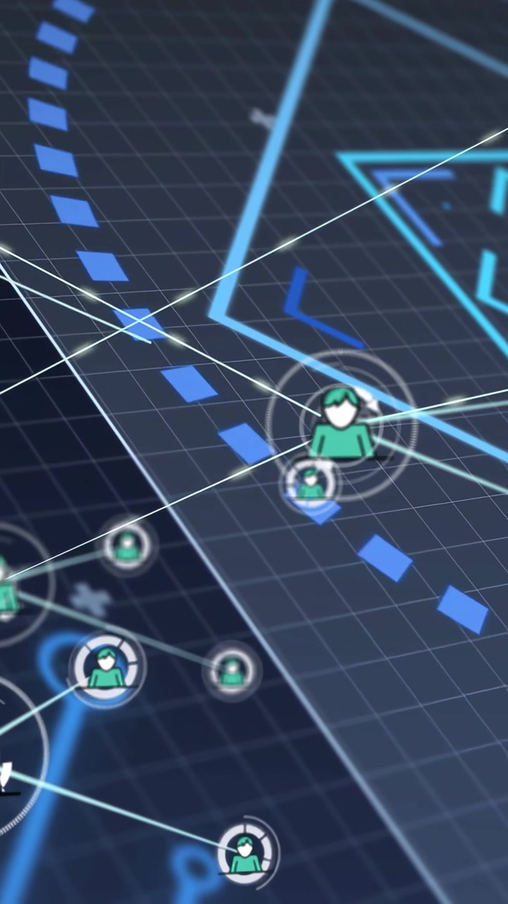 Vertical video: Central node forming selection ring, zooming, links growing on grid, showing tech