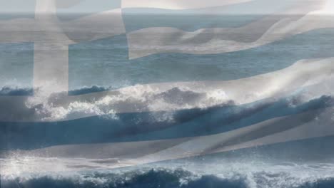 animation of flag of greece blowing over waves in sea