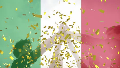 Golden-confetti-and-italy-waving-flag-against-group-of-male-rugby-players-high-fiving-each-other