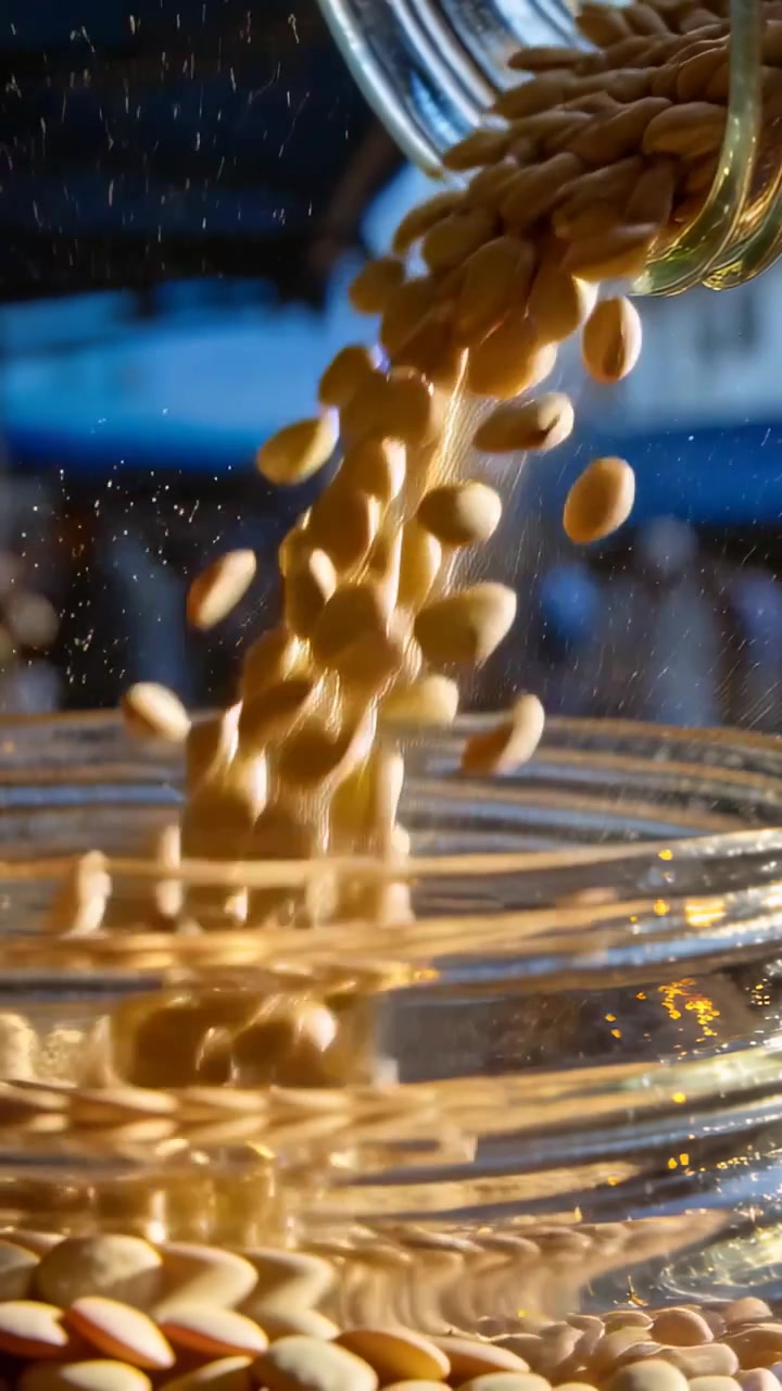 Vertical video: Tilting glass jar pouring brown legumes into glass bowl on counter, filling bowl
