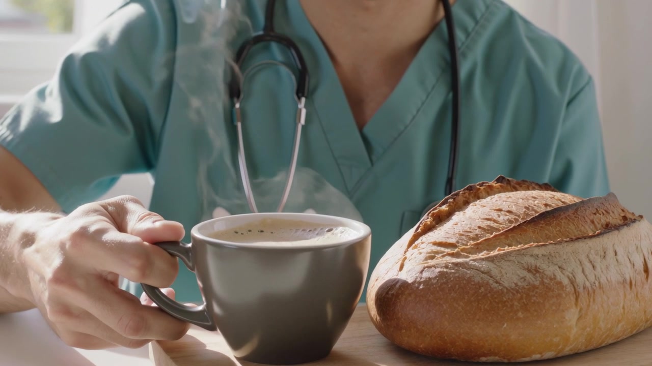 Un medico seduto in camice verde acqua allunga la mano e solleva una tazza fumante a un tavolo vicino a una pagnotta per la pausa, con uno stetoscopio.