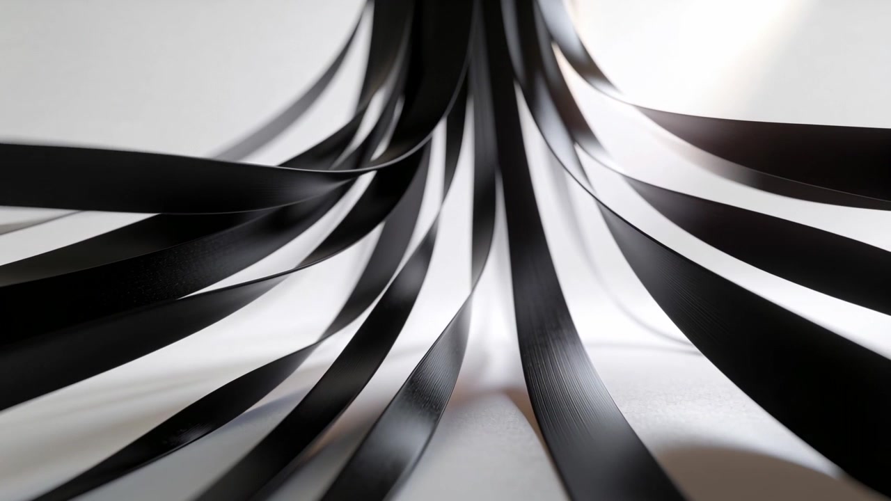 Strisce di nastro nero che ondeggiano e si sovrappongono su un tavolo bianco, con la luce che si muove e proietta ombre.