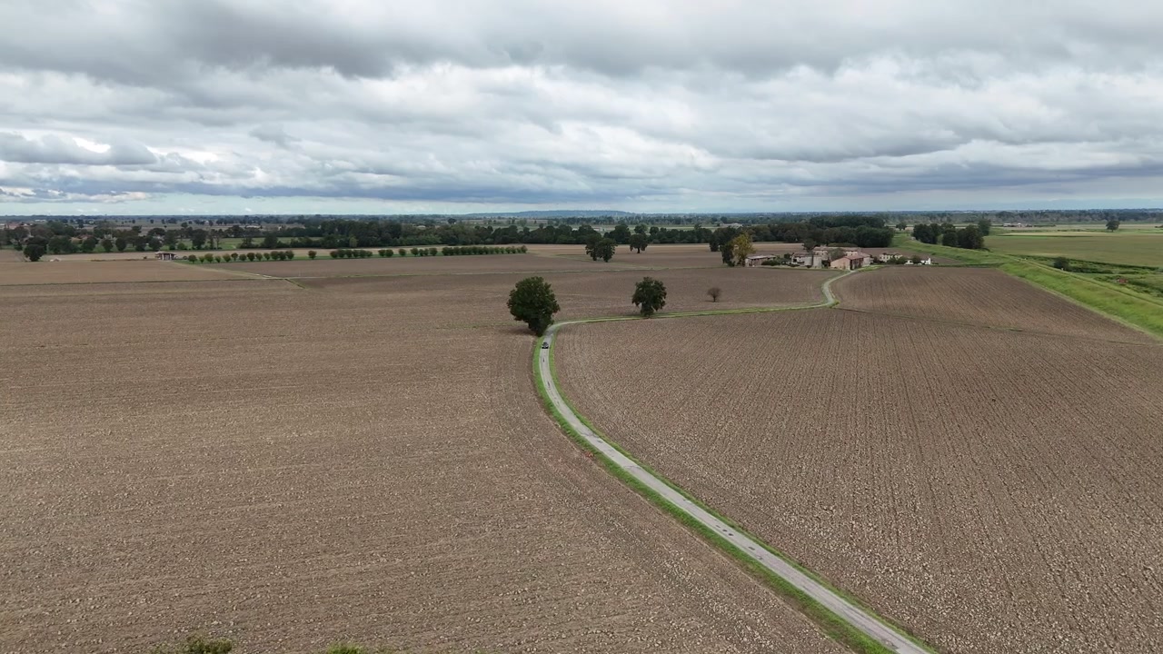 Geschwungene Landstraße durch gepflügte Felder bei Piacenza, Emilia Romagna, Italien, mit einzelnen Bäumen und Gehöft in der flachen Po-Ebene-Landschaft unter bedecktem Himmel, diagonale Drohnenaufnahme nach vorne