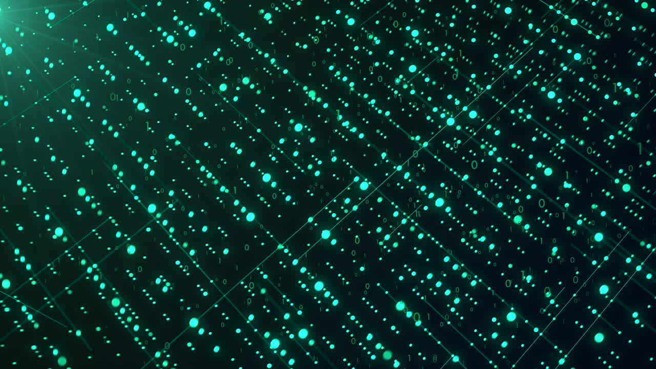 Motion graphic of green glowing particles and code forming a digital corridor. Perfect for hacking, database, or advanced coding visualizations