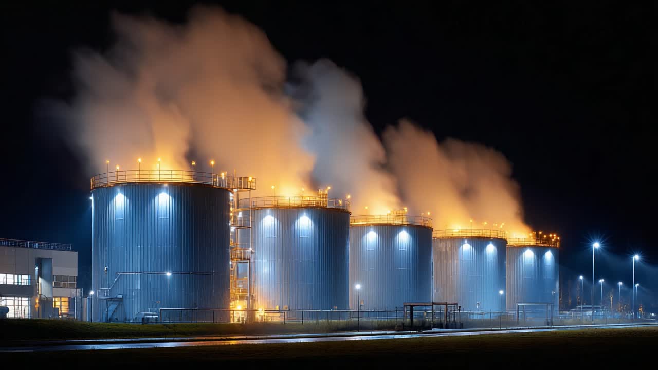 Nighttime Industrial Facility with Steam Emission: A Glimpse into the Operations of Large Storage Tanks under Illuminated Skies