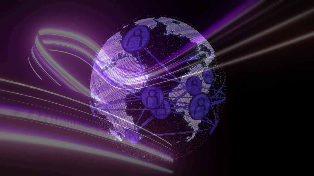 Animazione di rete di connessioni e scie luminose su globo su sfondo nero