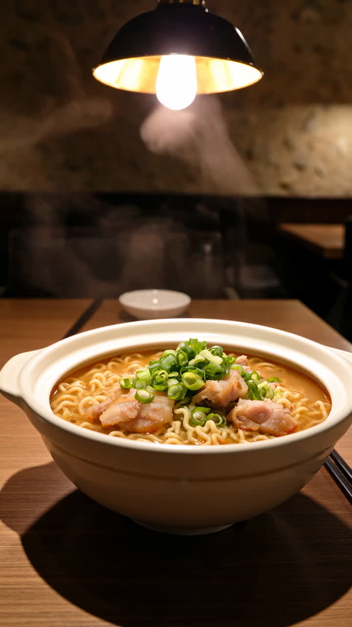 Ciotola fumante di noodles con maiale e cipollotti