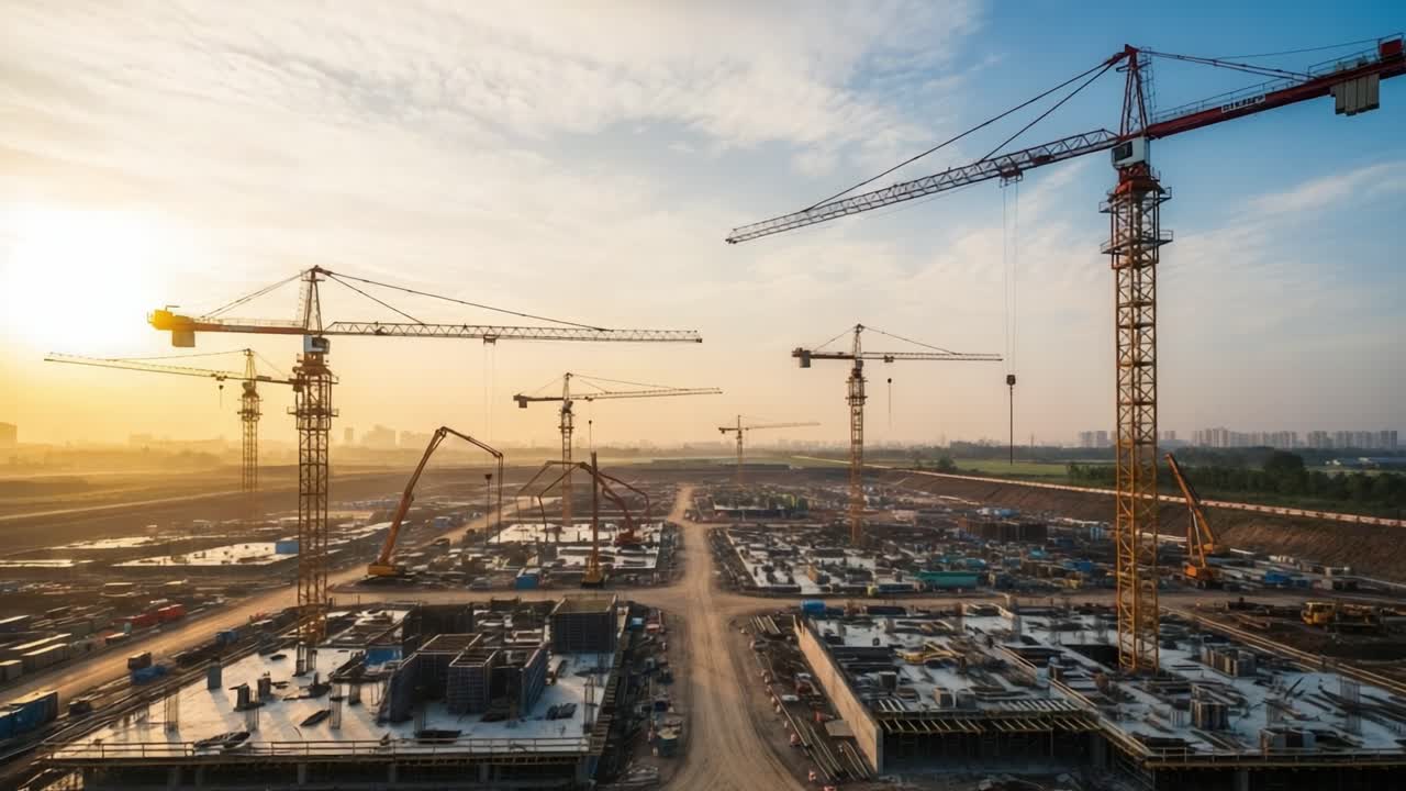 Large construction site with multiple cranes at sunrise or sunset