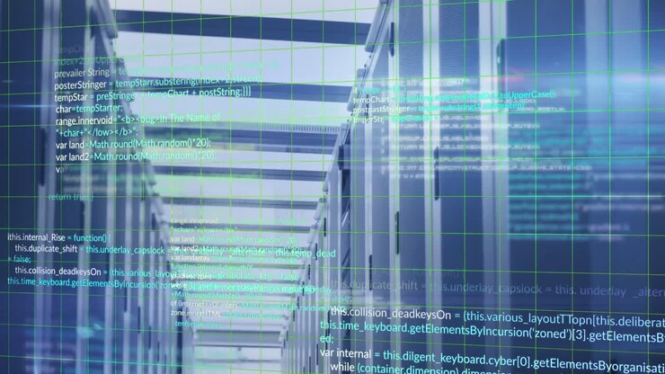 Animation of multicolored computer language over data server room