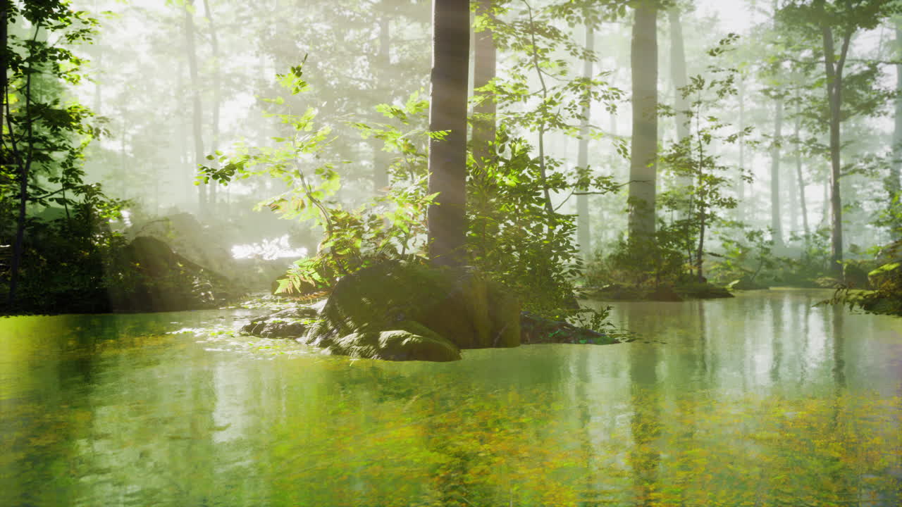 어두운 웅장한 상록 숲의 호수