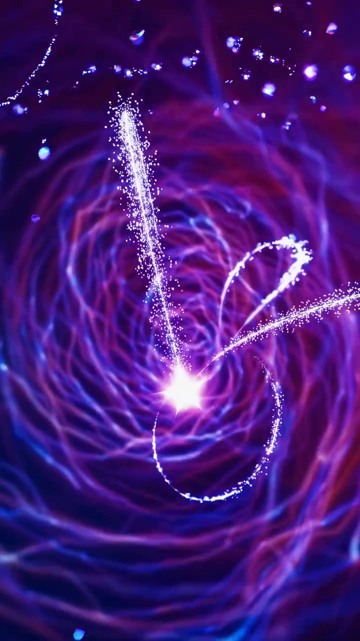 Particelle luminose astratte che turbinano in un vortice viola