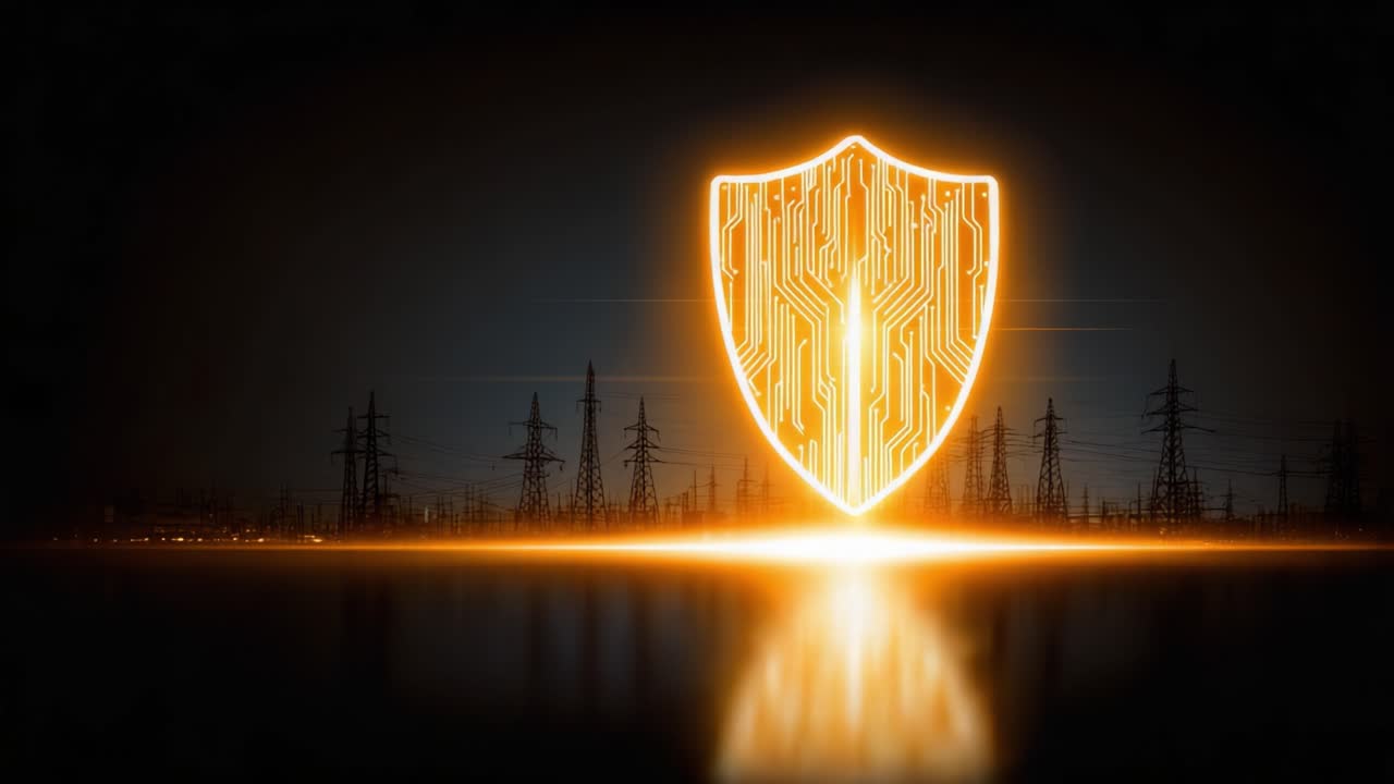 A Stunning Visual of Digital Security: Illuminated Shield Symbolizing Protection in a Futuristic Cityscape with Electric Power Lines Reflecting Off Water