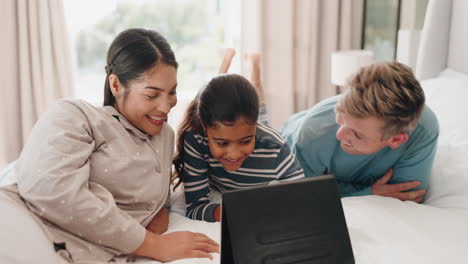 Happy,-tablet-and-morning-with-family-in-bedroom