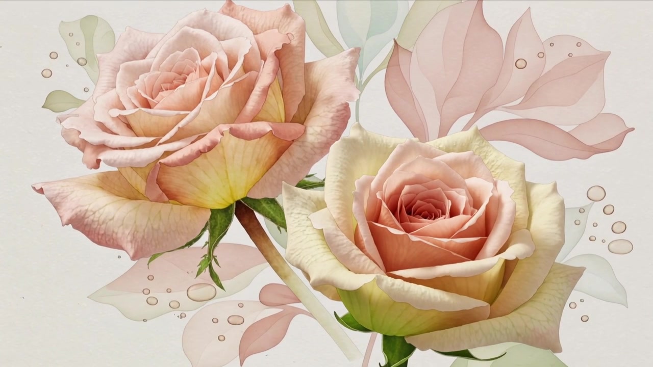 Due rose che si aprono dispiegando i petali su una tela color crema con fotogrammi che avanzano, rivelando goccioline.