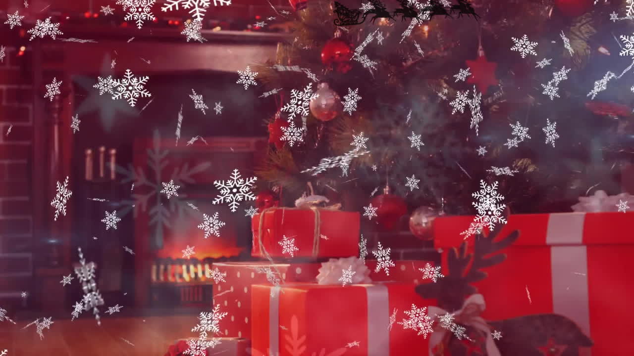 상자와 크리스마스 트리 위에 사과 함께 매를 타는 산타 위에 눈송이의 애니메이션