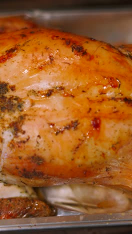 vertical video moving right to left across freshly roasted british roast chicken with garlic herb seasoning in tray with golden crispy skin. english cuisine.