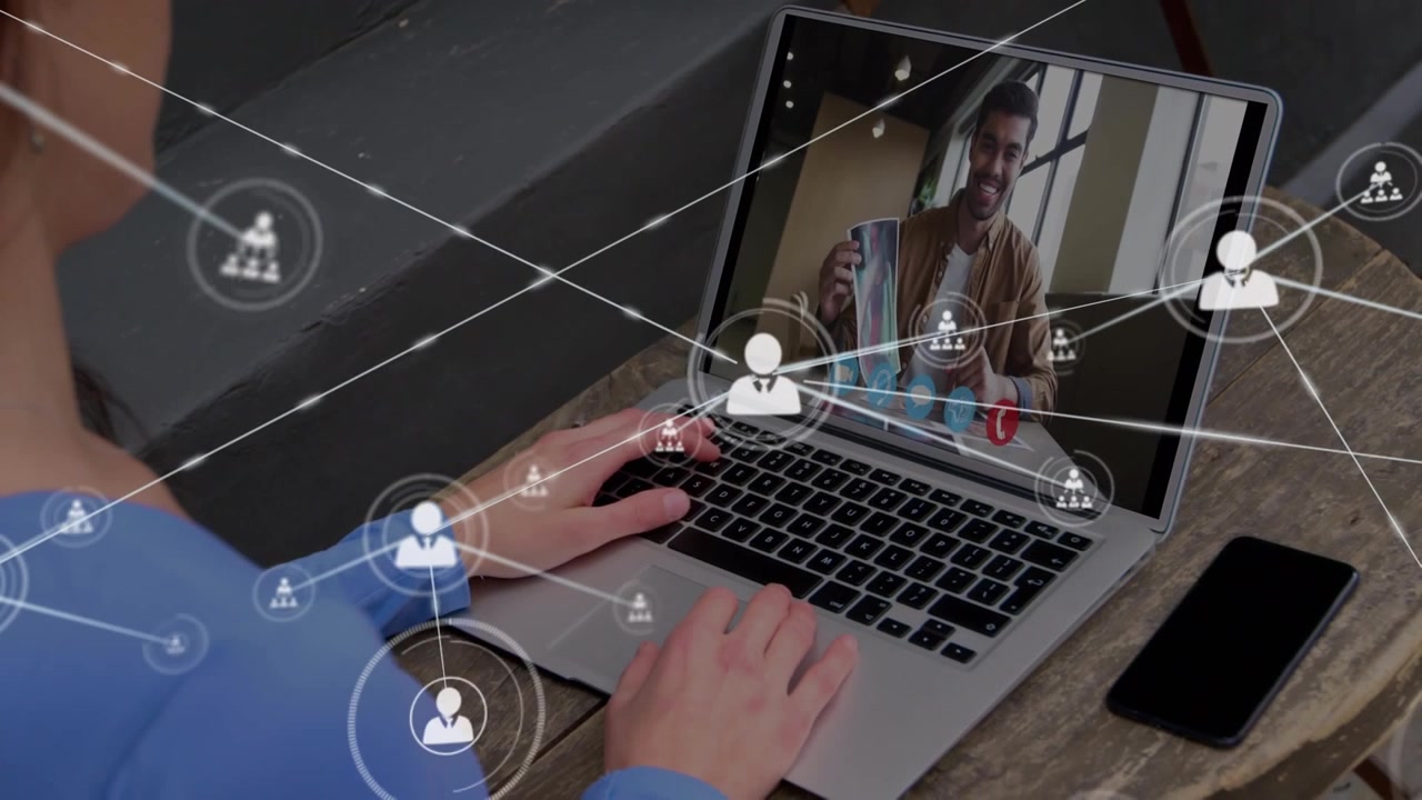 Animazione digitale che mostra un concetto di istruzione globale su icone in rete.