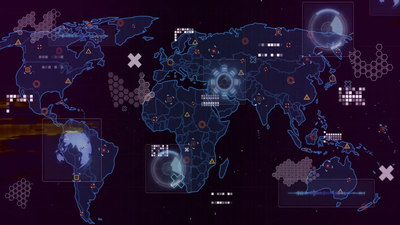 Animation of shapes over world map with data processing on black background