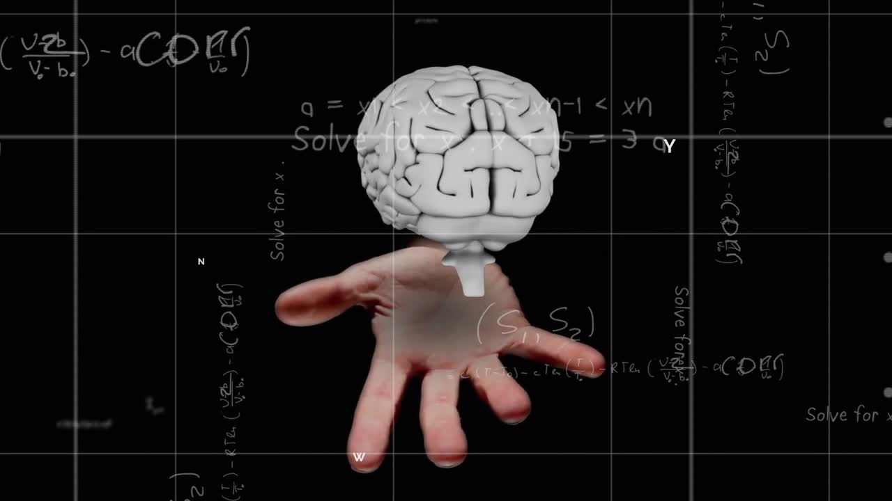 After formulas appearing on grid 3D hand rising while brain rotating above palm showing structure