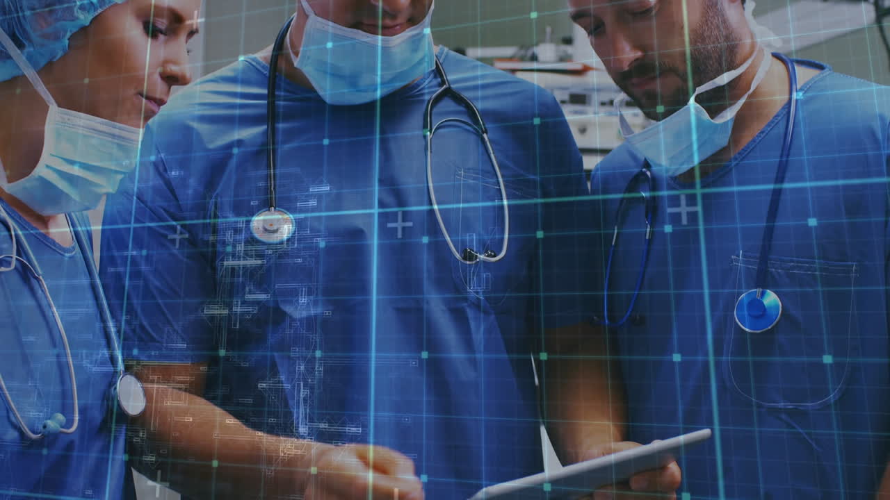 다양한 남성과 여성 외과 의사들의 줄을 움직이는 것