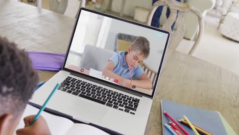 African-american-boy-using-laptop-for-video-call-with-caucasian-school-friend-on-screen