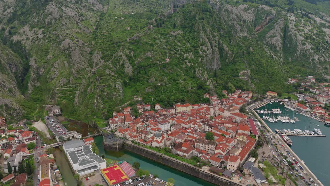 Aerial Shot of Montenegro’s Kotor Stari Grad With Fortresses, Historic Streets and UNESCO Status