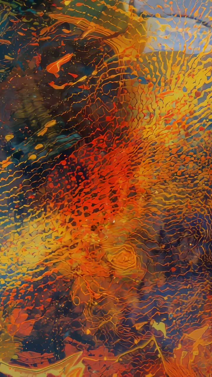 Vertical video: Camera filming rippled panel, paints drifting up-right near window, pale highlight