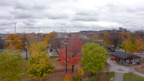 drone flying in a city park flying over a gazebo and revealing the cityscape on a autumn day