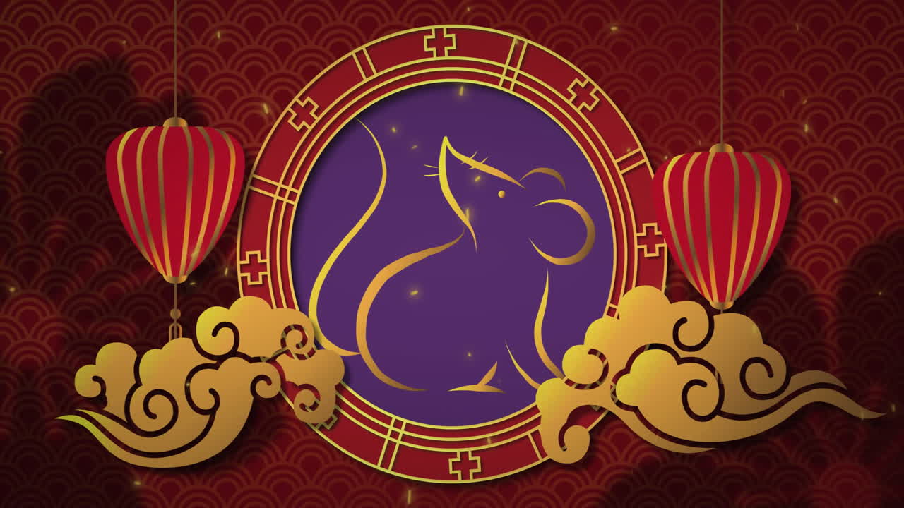 Animation of chinese year of mouse with decorations on red background
