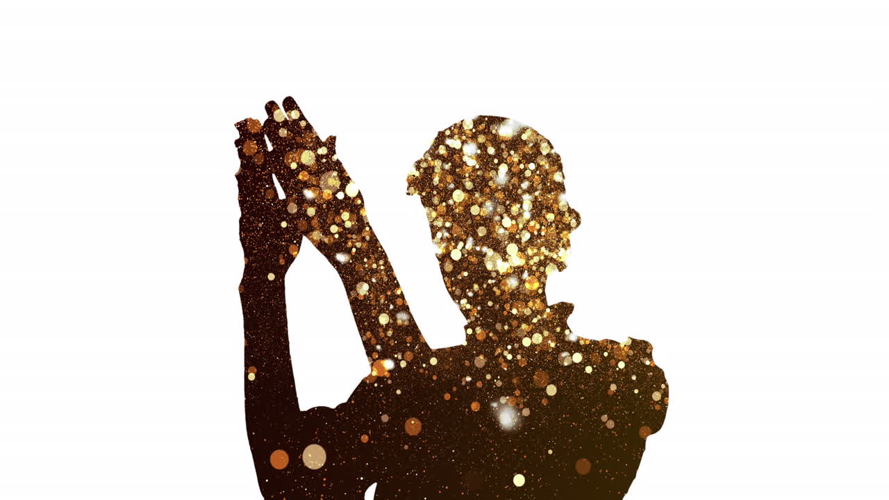 Animation of silhouette of woman dancing with light trails on white ...