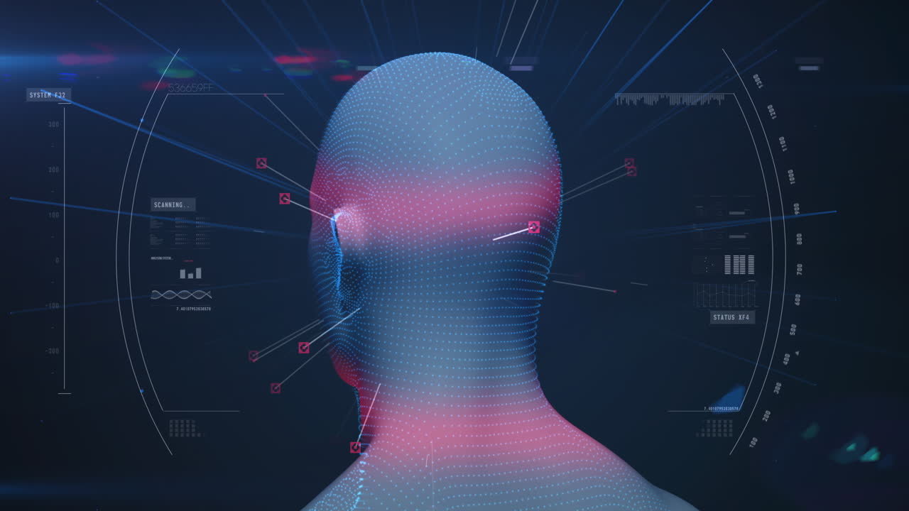 modelo de cabeza humana girando contra el procesamiento de datos en fondo negro