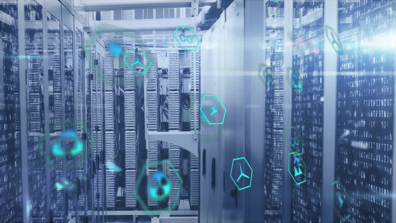 animación de iconos ecológicos y procesamiento de datos digitales a través de servidores informáticos