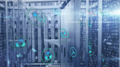 animation of eco icons and digital data processing over computer servers