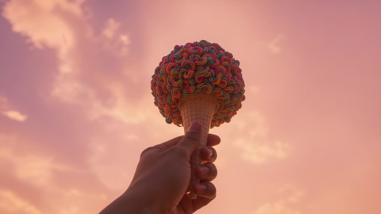 Raising adult male hand holding waffle cone against pink orange sky steadying bright curled topping