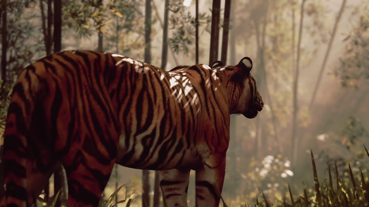 Tiger kommer ud af bambusskov