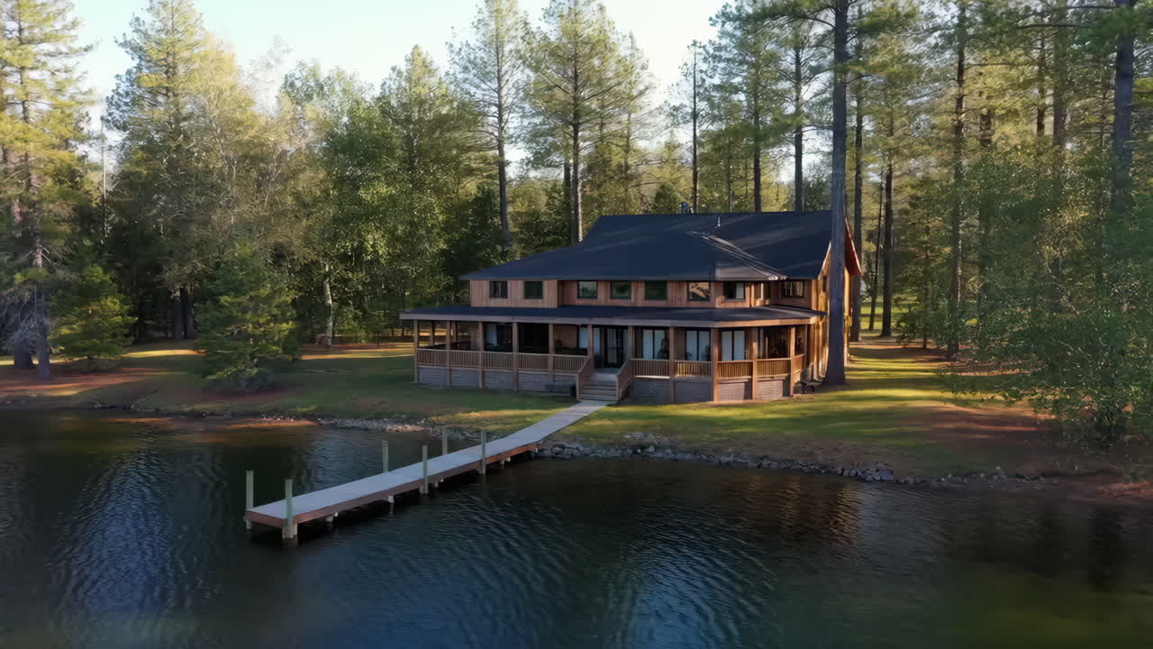 A large house with a pier on a tranquil lake surrounded by a lush forest