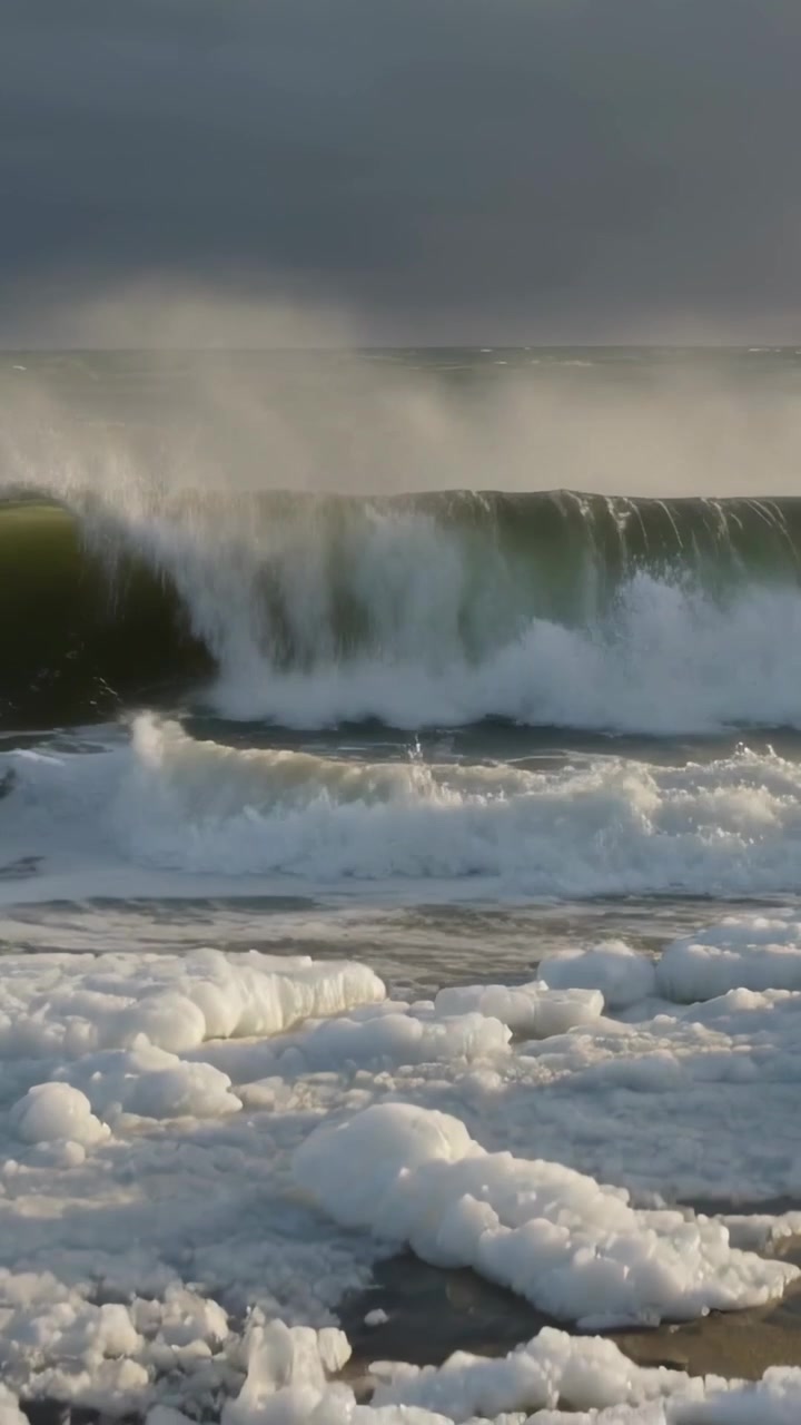 Video verticale: Un'onda impetuosa che forma la cresta, spruzza e si infrange sulla riva con schiuma, ventoso.