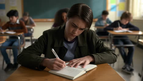 student writing in a notebook in a classroom