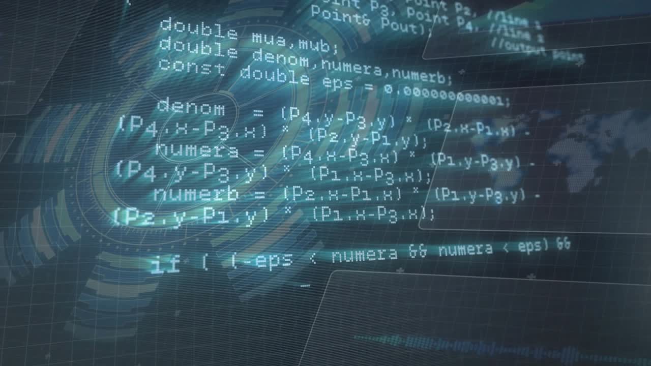 HUD ring pulsing, glowing cyan code scrolling up brightening to show network geometry processing