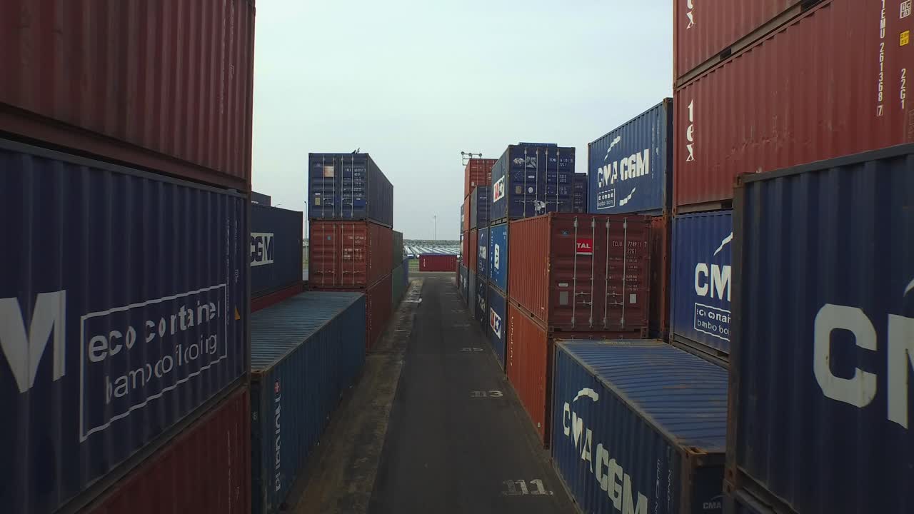 Aerial View of Shipping Containers at a Port
