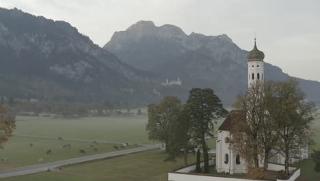 neuschwanstein church misty morning | 4k | dji mavic 2 pro d-log - perfect for colour grading