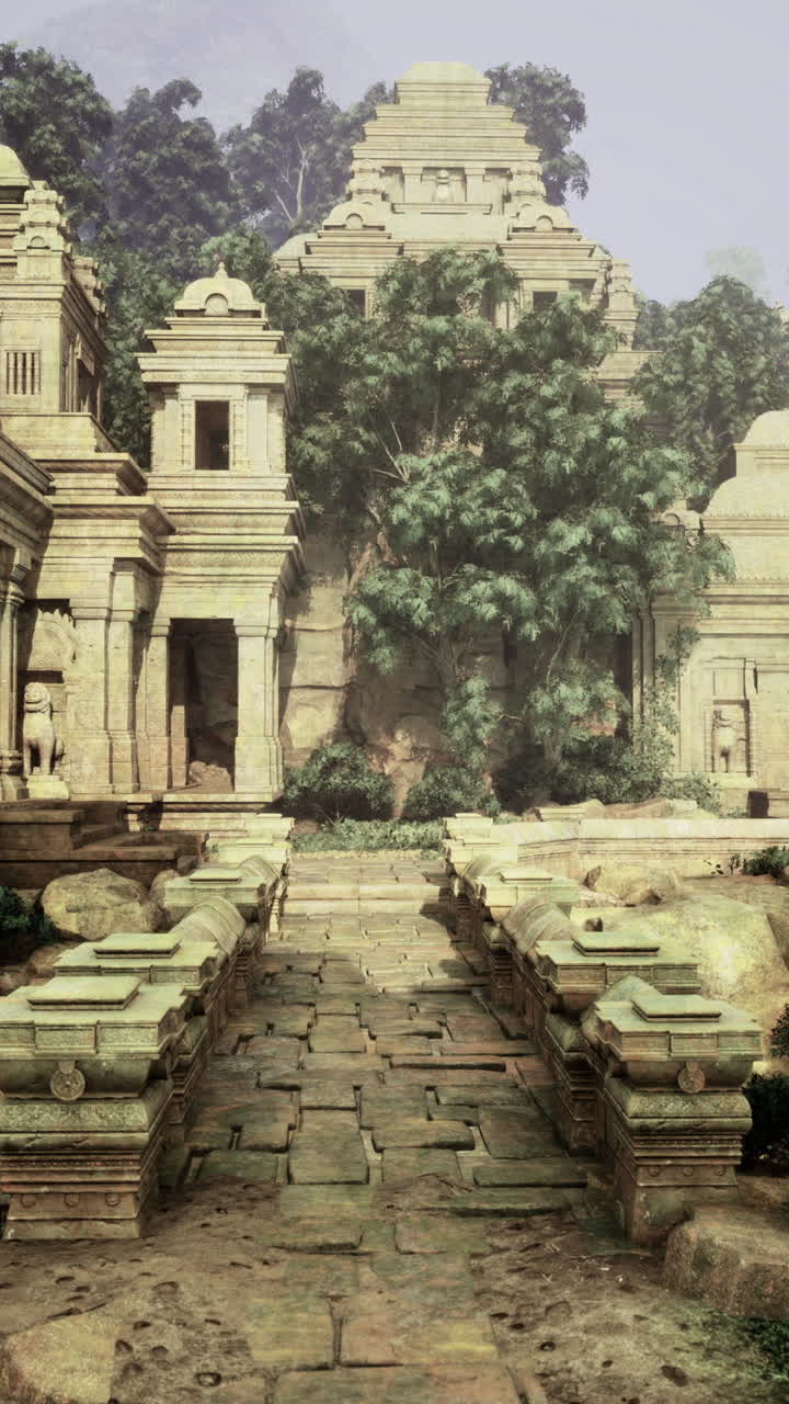 Ancient temple ruins surrounded by lush greenery in a mystical landscape