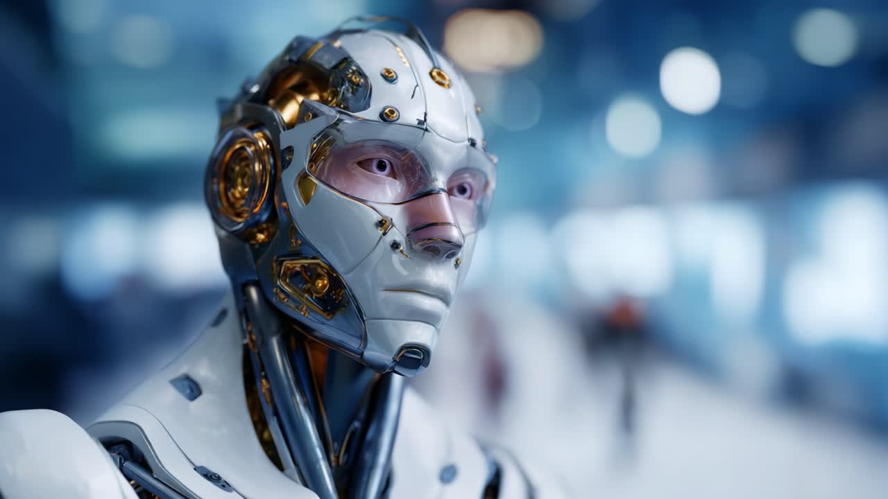 Lähikuva erittäin yksityiskohtaisesta futuristisesta robotista, jossa on metallisia piirteitä, realistisia ilmeitä ja kehittynyttä teknologiaa modernissa ympäristössä