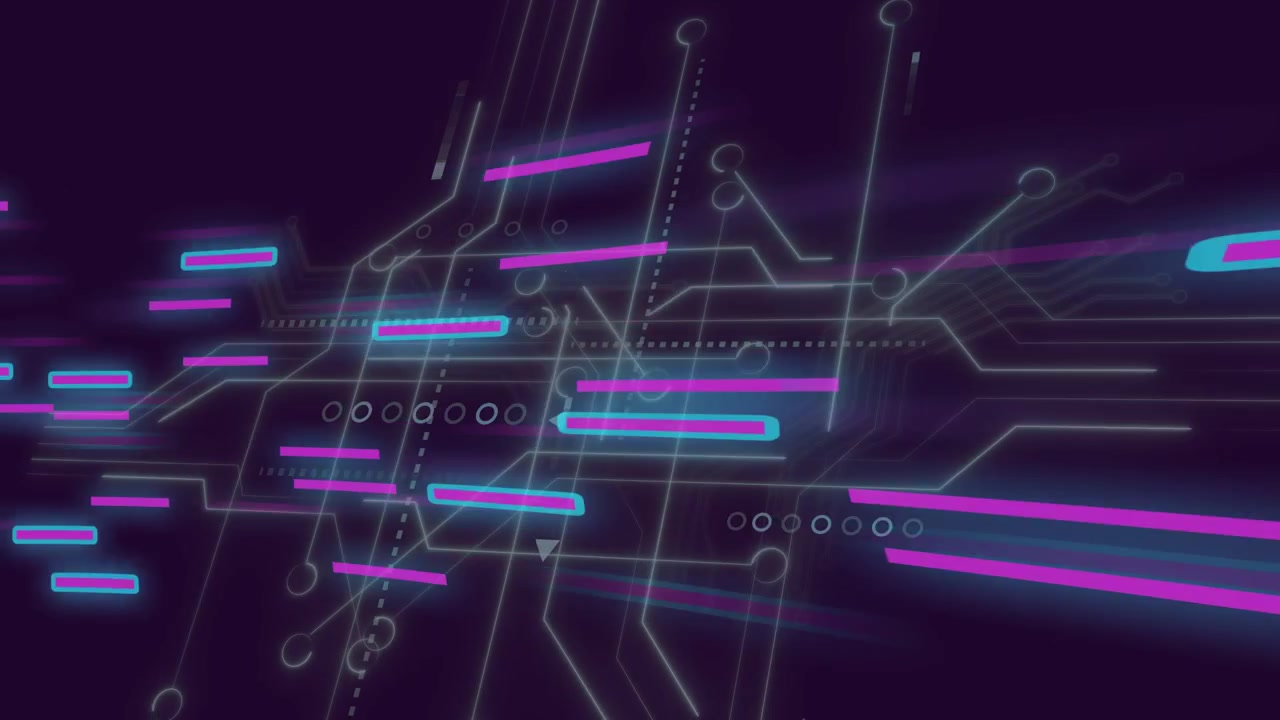 Incoming neon bars causing streaks, central circuit glowing, bars streaming right to show data flow