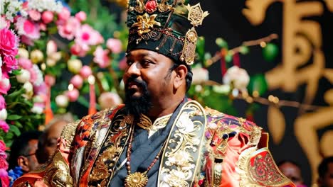 a man in a black and gold outfit with a crown on his head