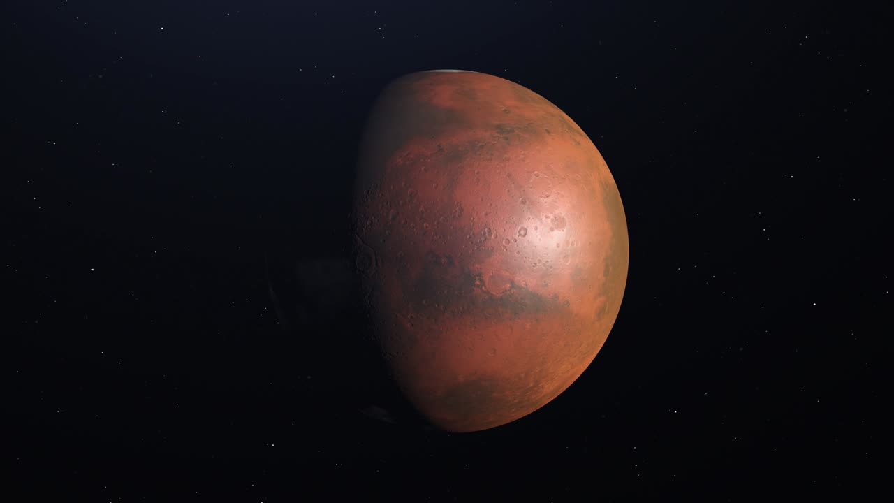 Traveling to the red planet Mars in space. Stars on background - 4K