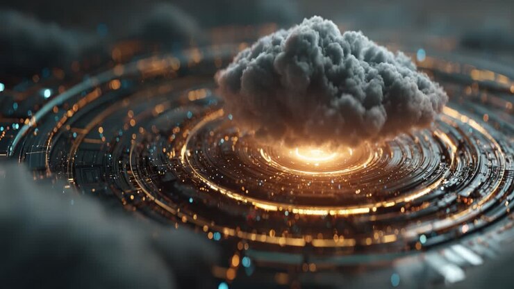 A mesmerizing cosmic event unfolds as a swirling cloud hovers over a radiant circular pattern, showcasing the beauty of energy and creation in a mesmerizing display of light and form